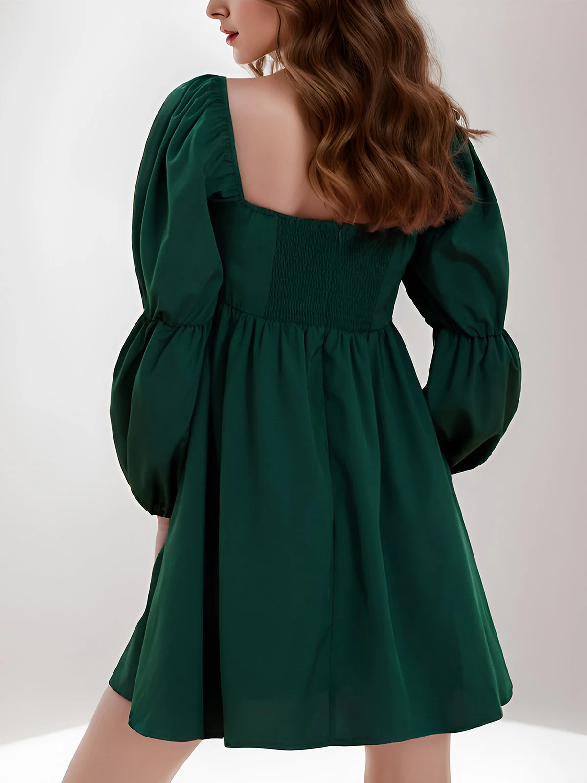 Green 1950s Solid Square Neck Puff Sleeve Dress - Image 9