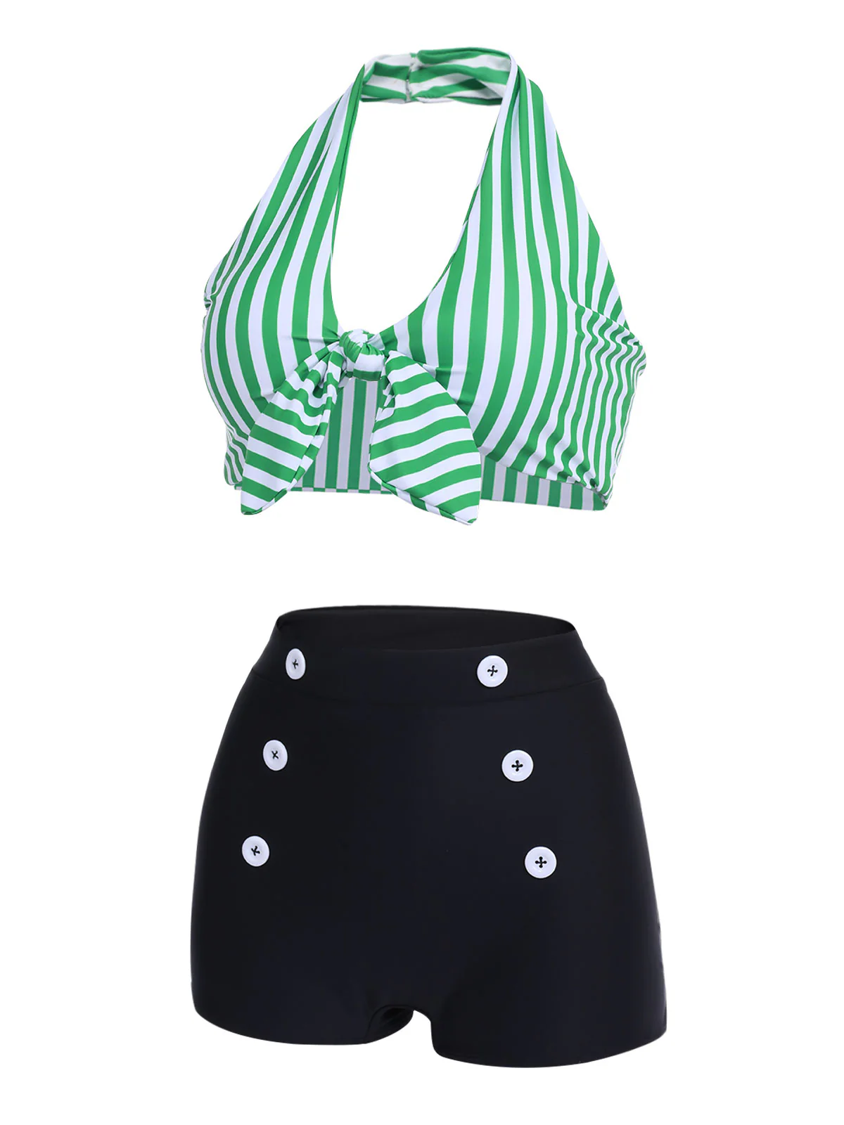 Green 1950s Retro Halter Stripes Bikini Set - Image 3