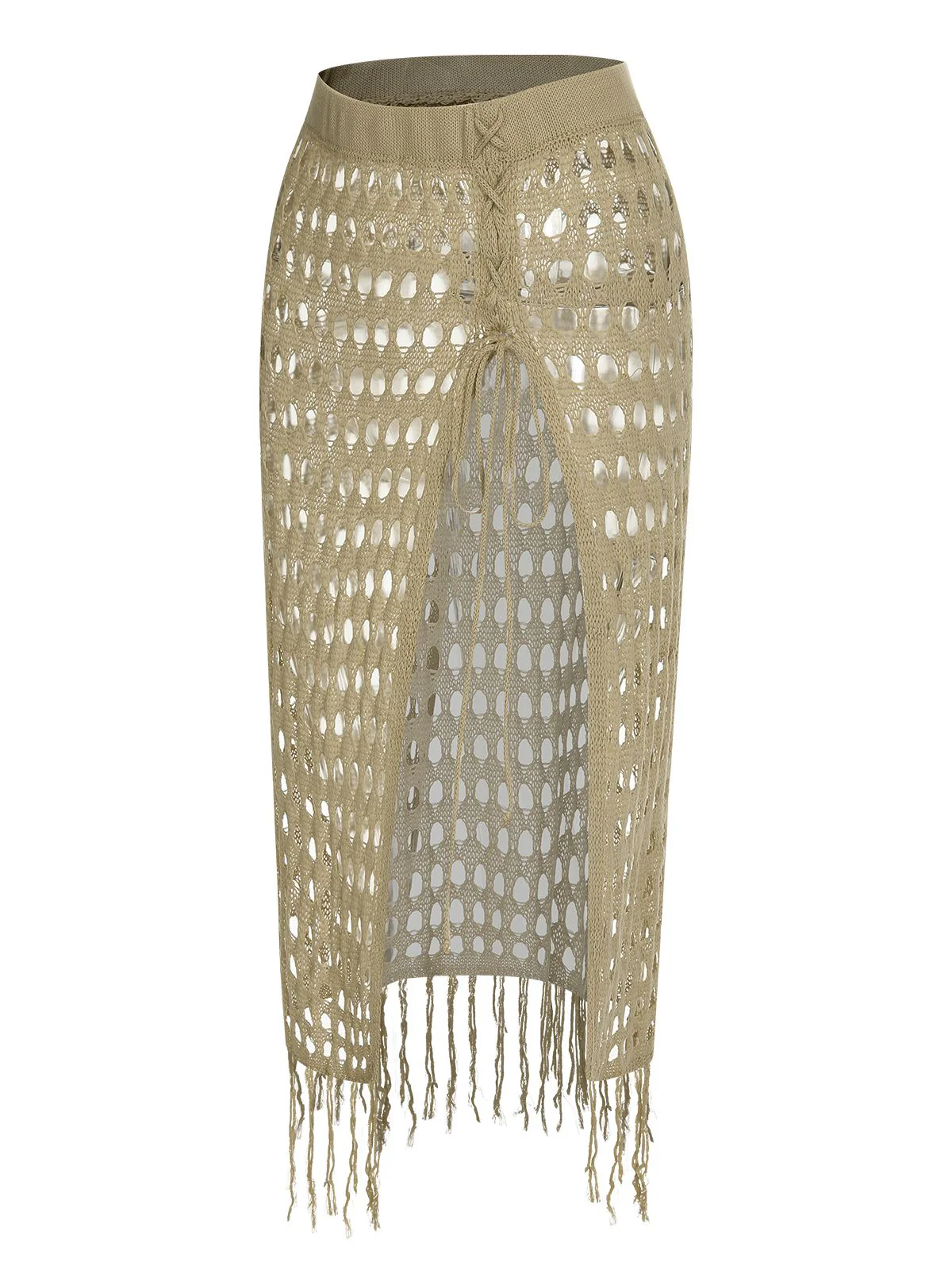 Khaki 1950s Knitted Tassel Hollow Cover-Up - Image 3