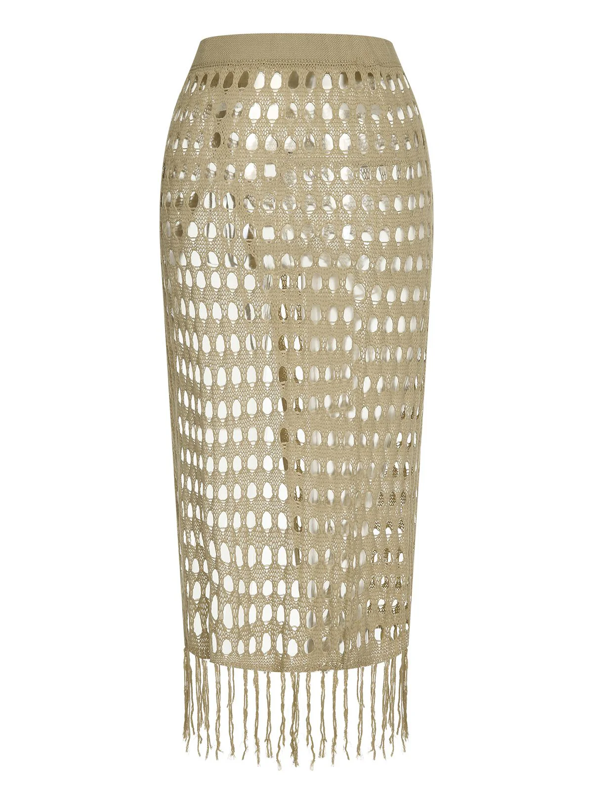 Khaki 1950s Knitted Tassel Hollow Cover-Up - Image 4