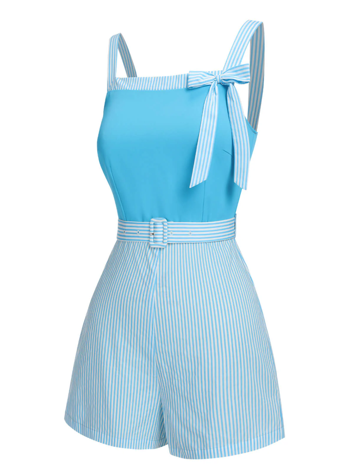 Light Blue 1940s Stripe Wide Straps Romper - Image 3