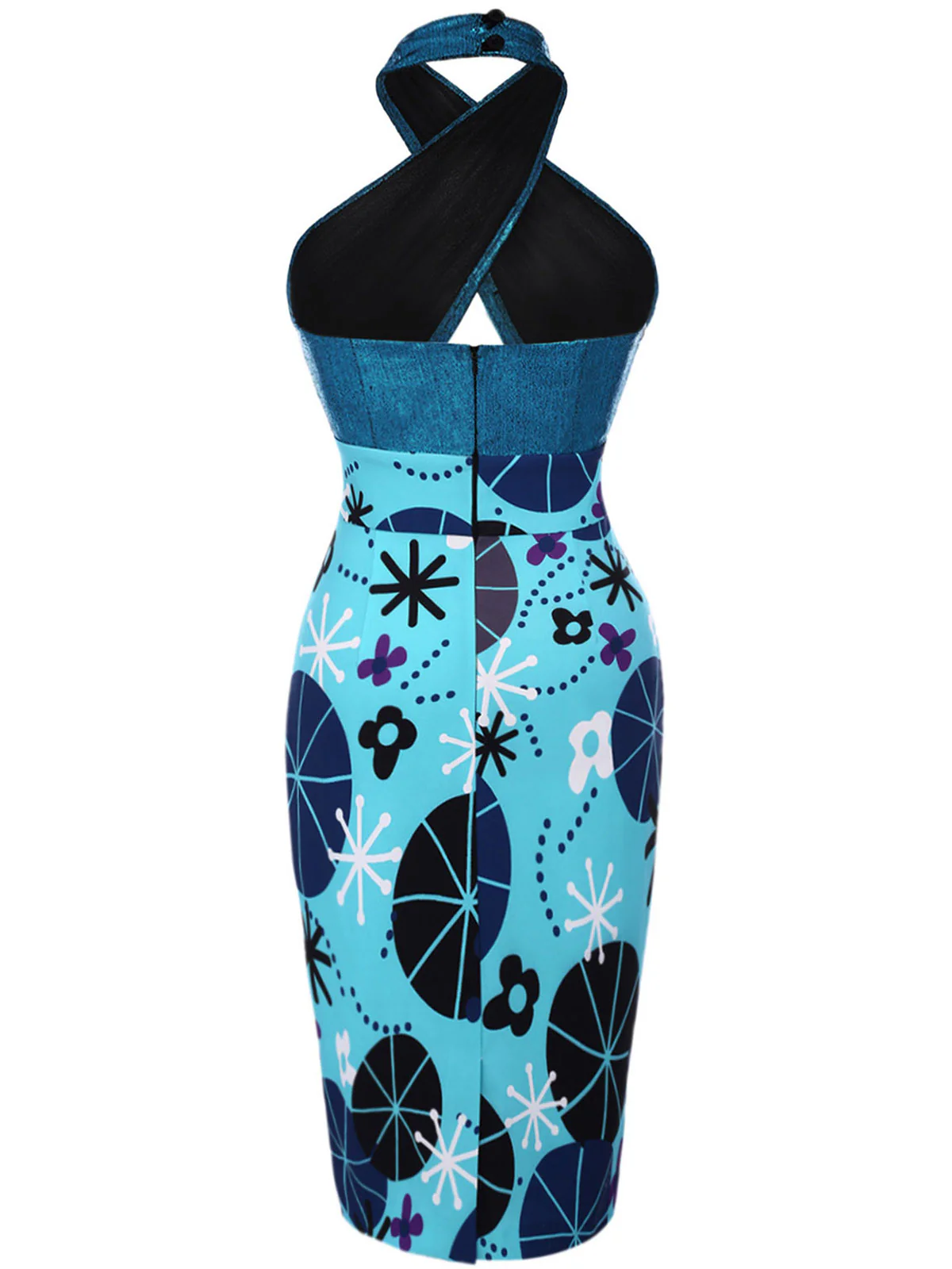 Blue 1960s Halter Abstract Floral Bodycon Dress - Image 3