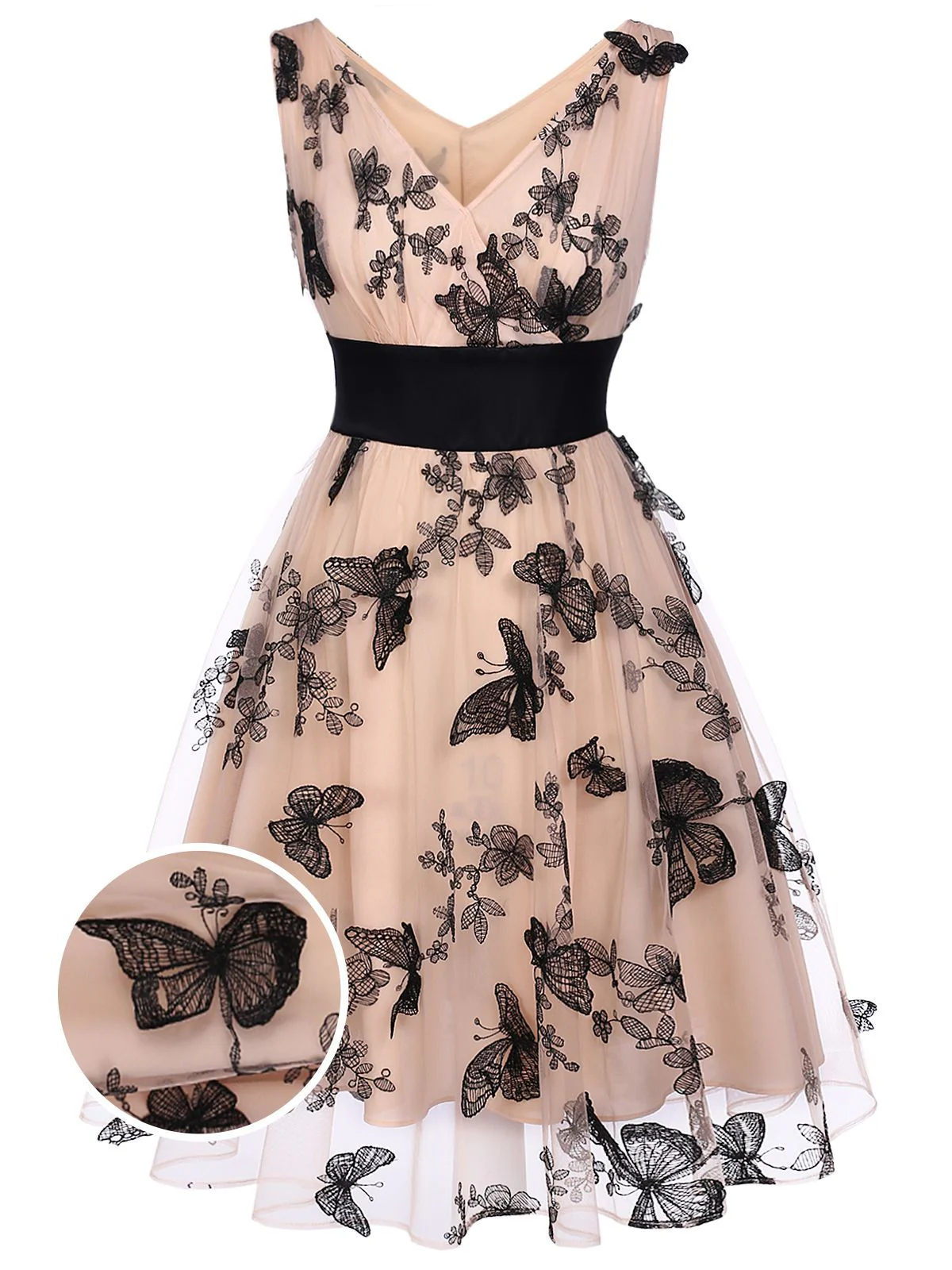 Nude 1950s Lace Butterfly Swing Dress - Image 5