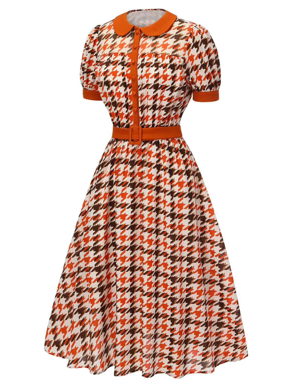 Orange 1940s Houndstooth Doll Collar Dress - Image 3