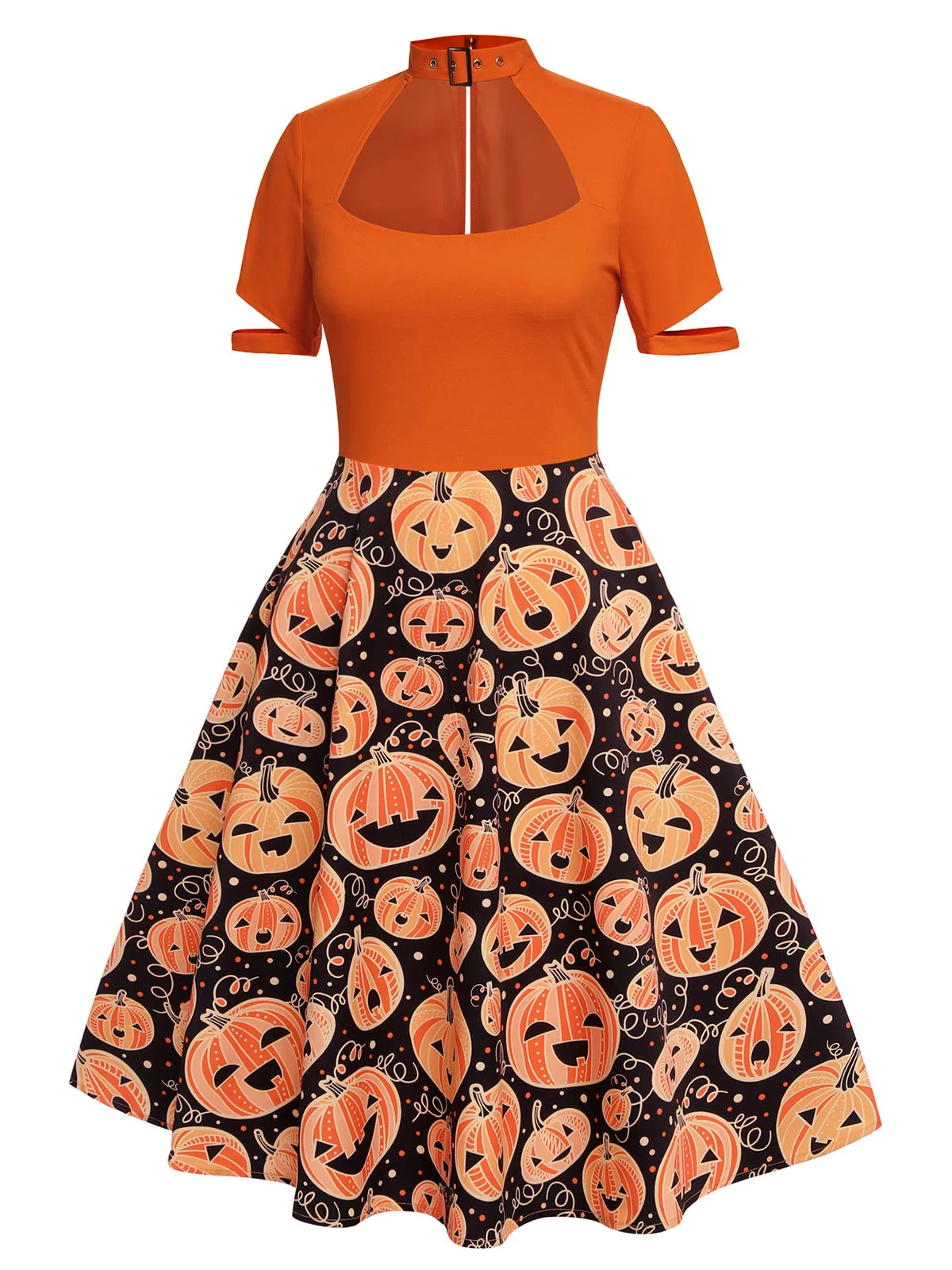 Orange 1950s Halloween Pumpkin Swing Dress - Image 3