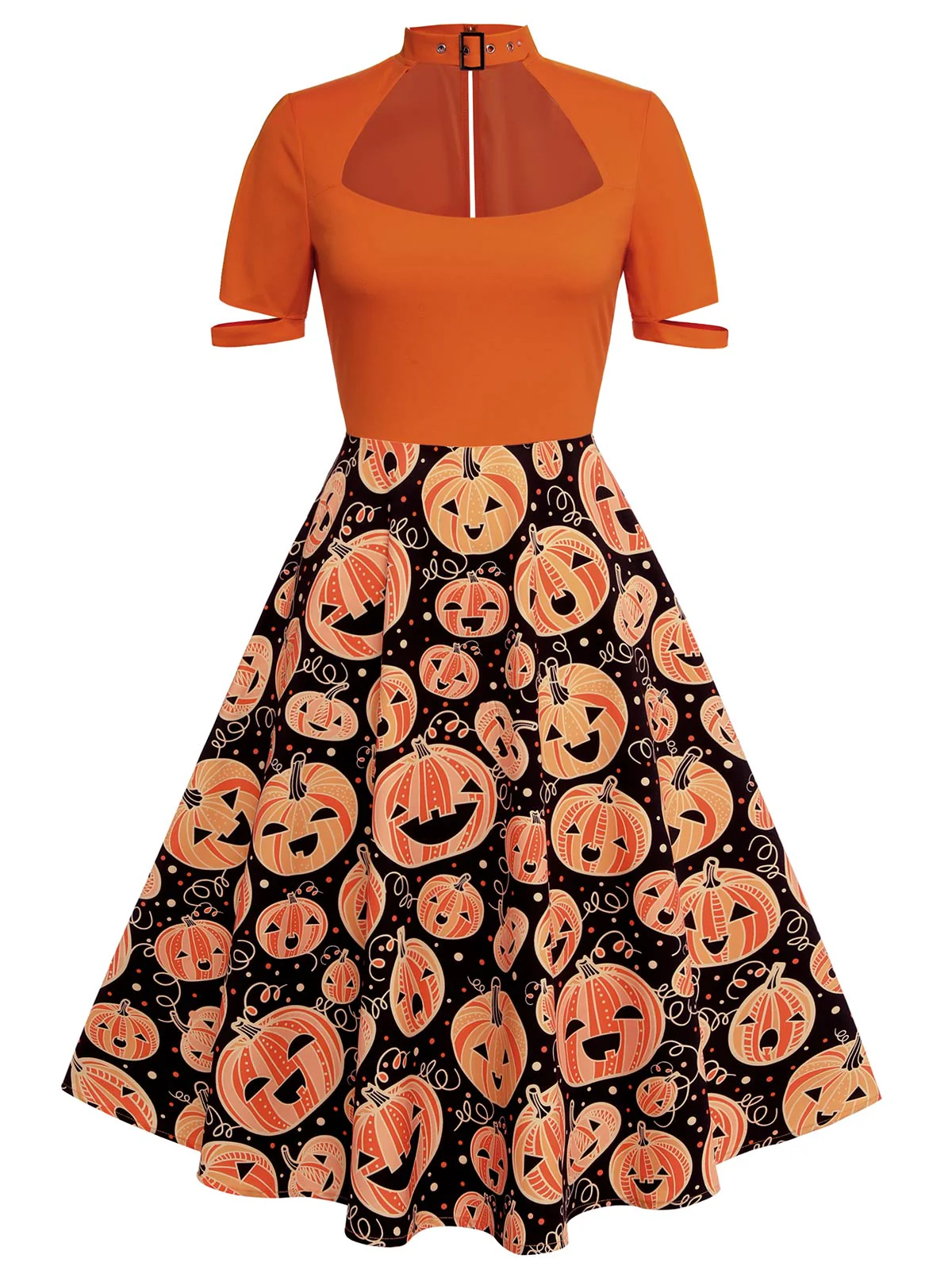 Orange 1950s Halloween Pumpkin Swing Dress - Image 4