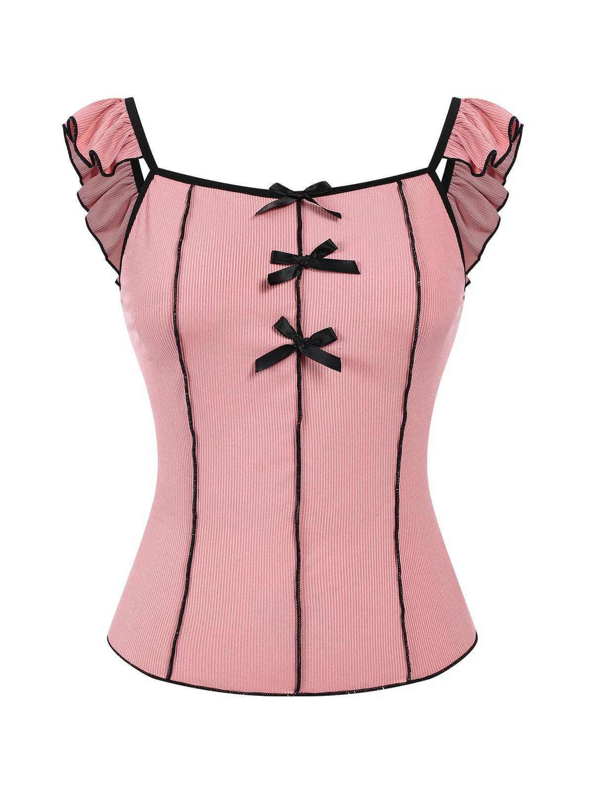 Pink 1950s Bow Binding Ruffle Straps Pajamas - Image 3