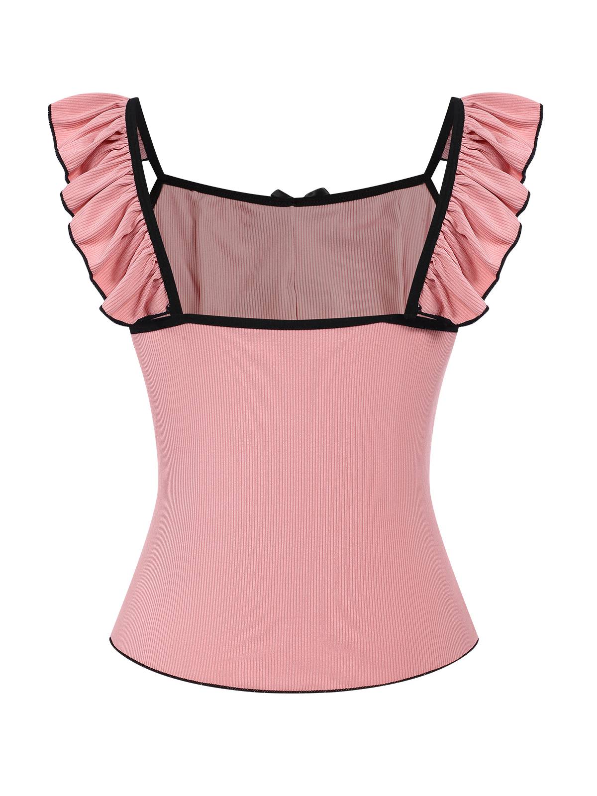 Pink 1950s Bow Binding Ruffle Straps Pajamas - Image 4