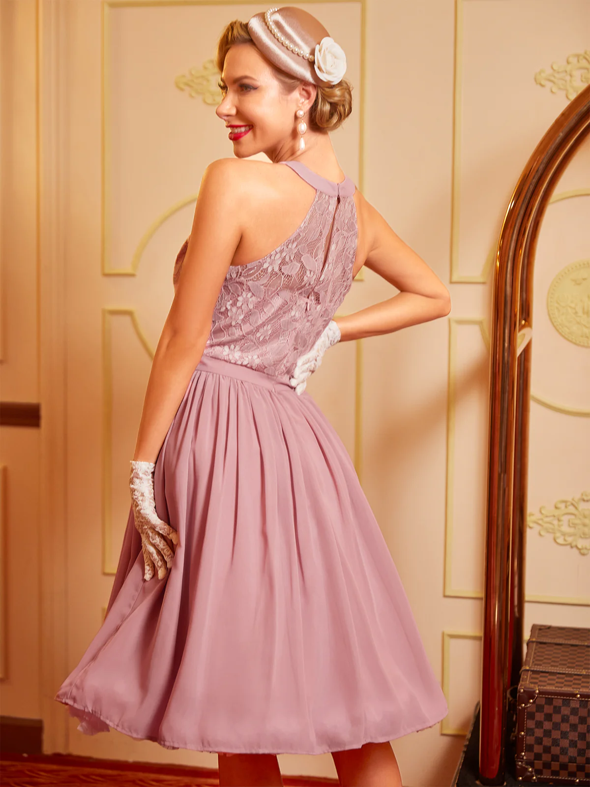 Pink 1950s Floral Lace Swing Dress - Image 3