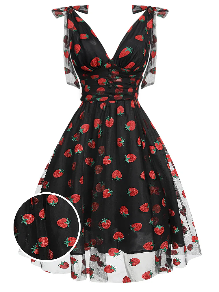 [Pre-Sale] Pink 1950s Strawberry Mesh Swing Dress - Image 8