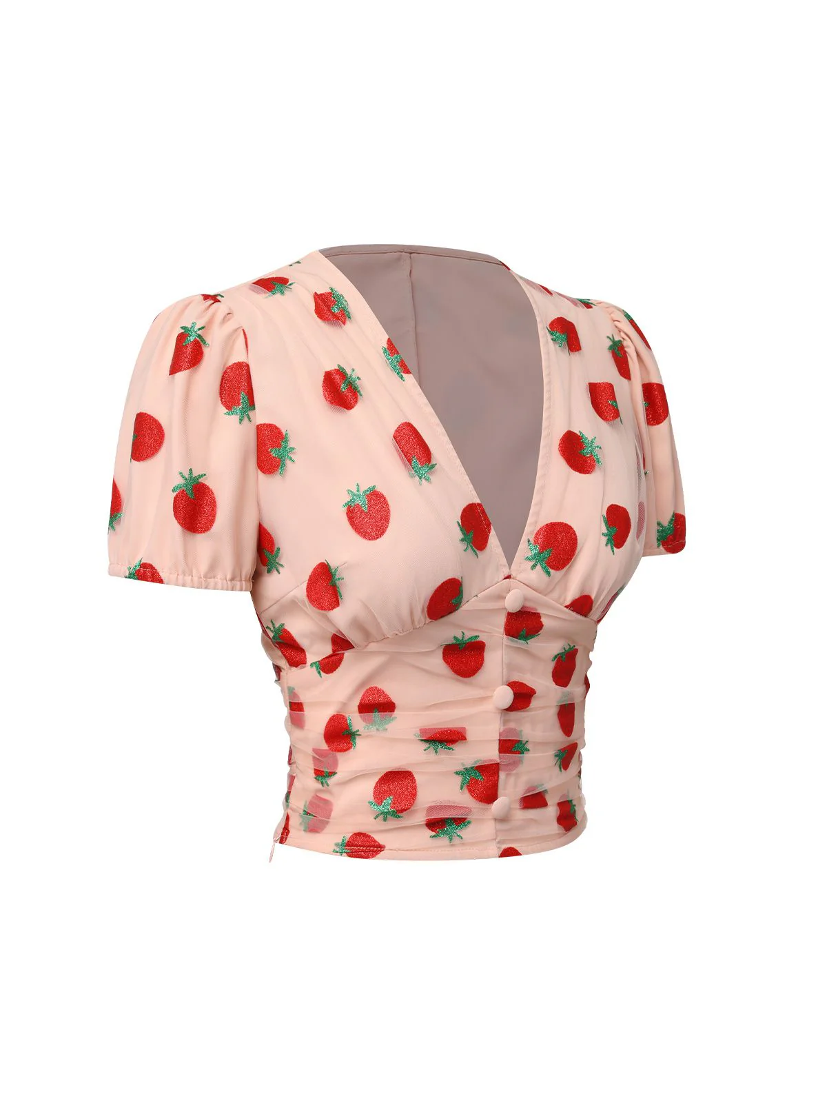 Pink 1950s Strawberry Mesh V-Neck Top - Image 3