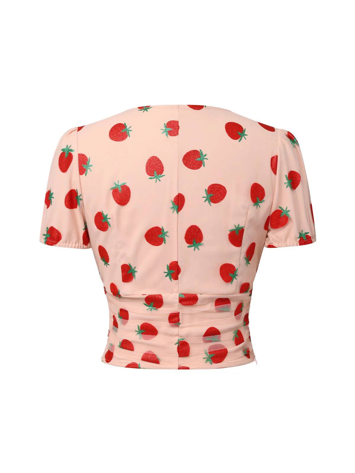 Pink 1950s Strawberry Mesh V-Neck Top - Image 4