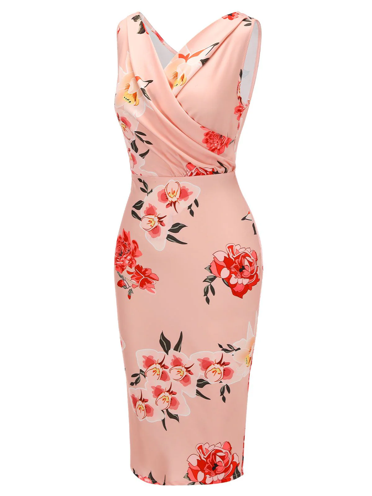 Pink 1960s V-neck Wrap Floral Pencil Dress - Image 3