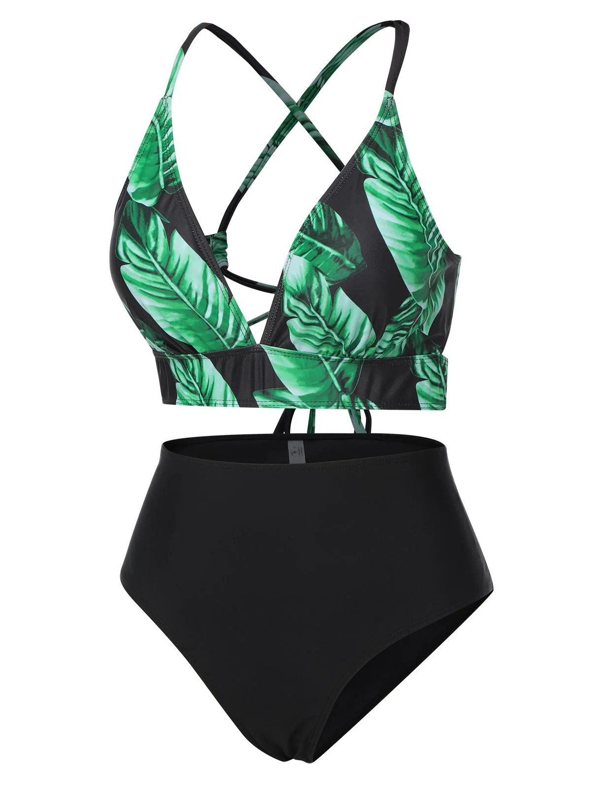 [Plus Size] 1930s Green Leaves V-Neck Strap Bikini Set - Image 3