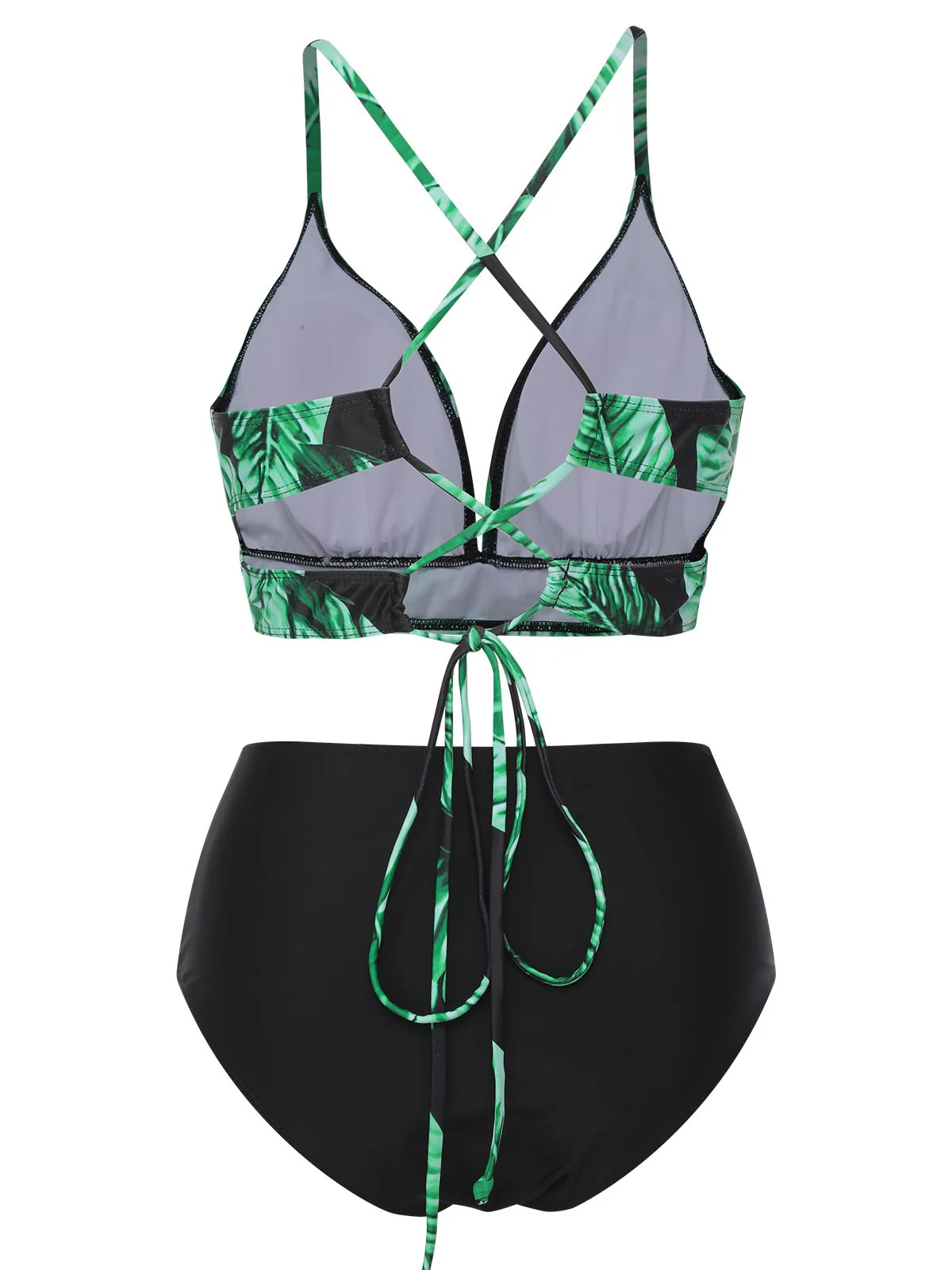 [Plus Size] 1930s Green Leaves V-Neck Strap Bikini Set - Image 4