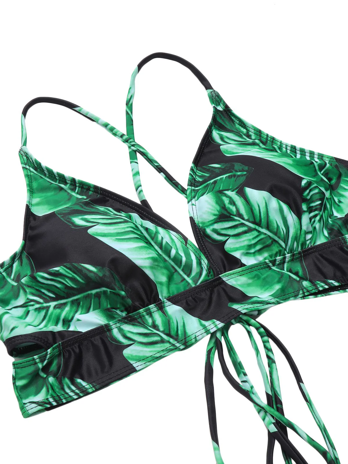 [Plus Size] 1930s Green Leaves V-Neck Strap Bikini Set - Image 5