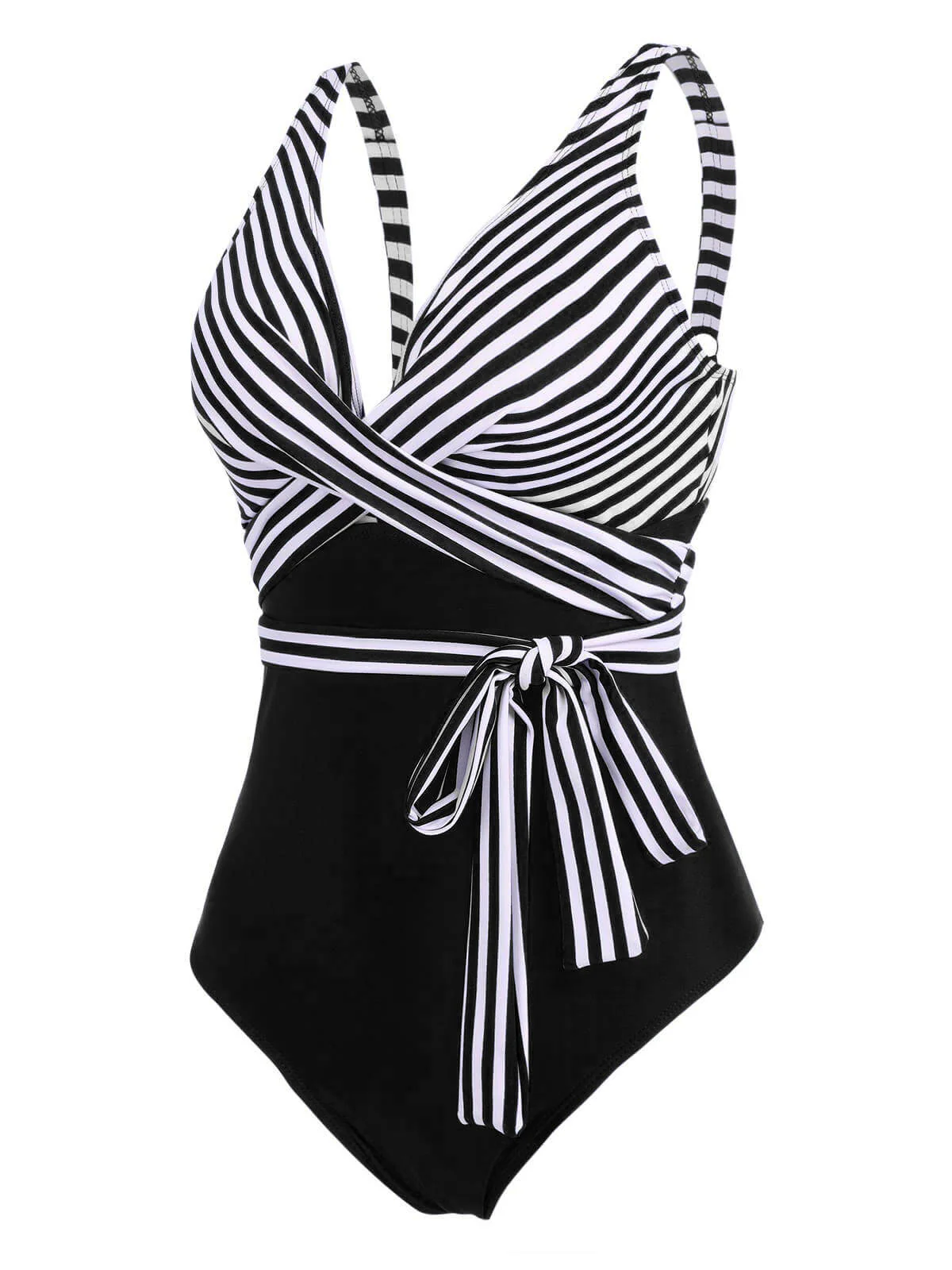 [Plus Size] 1950s Stripe Lace Up Patchwork One-Piece Swimsuit - Image 10