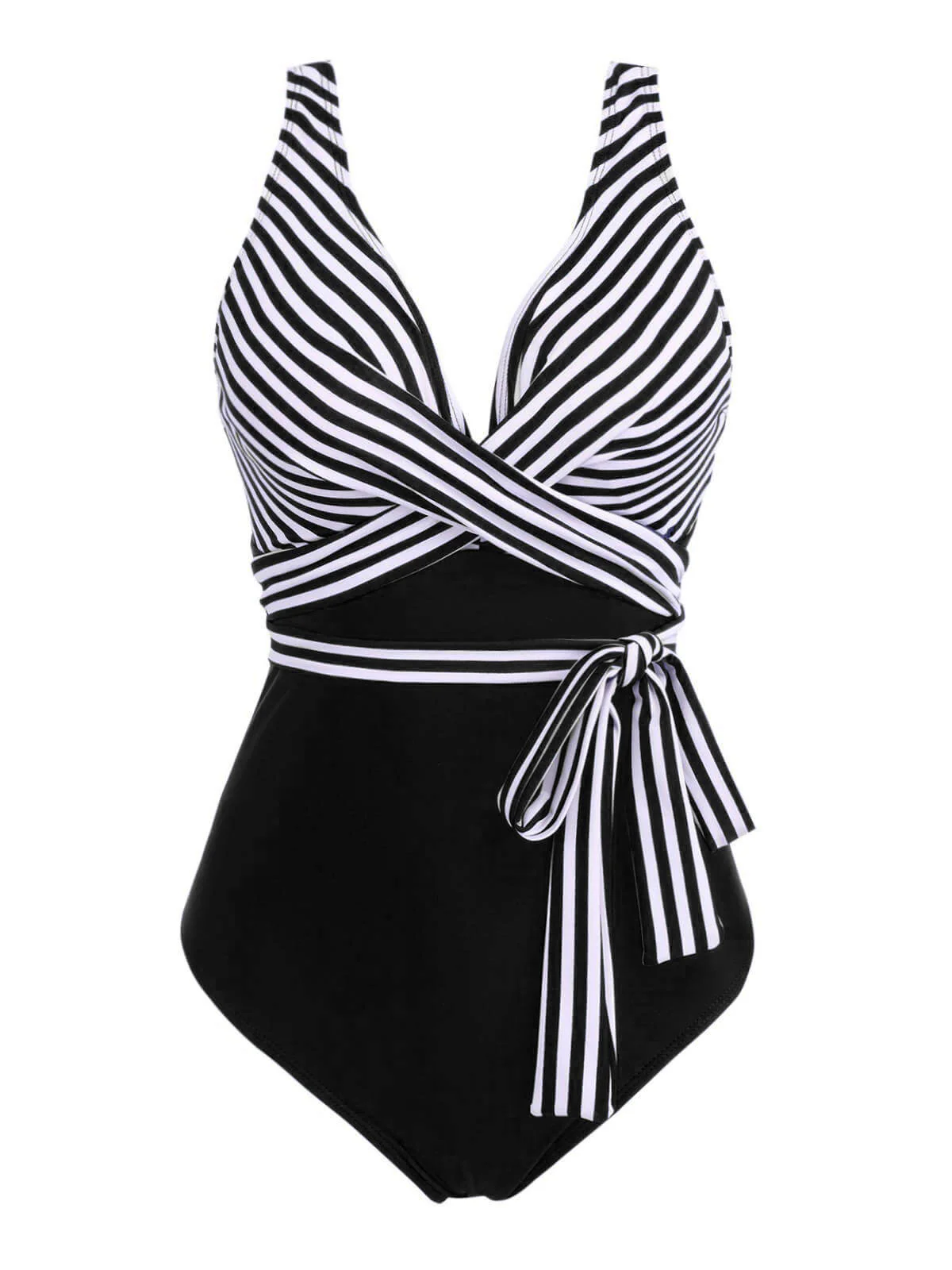 [Plus Size] 1950s Stripe Lace Up Patchwork One-Piece Swimsuit - Image 11