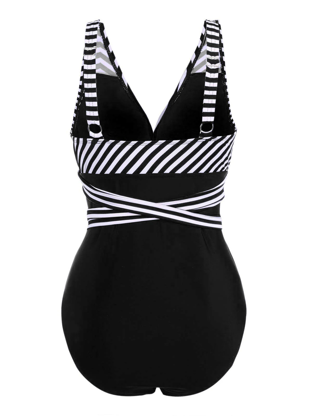 [Plus Size] 1950s Stripe Lace Up Patchwork One-Piece Swimsuit - Image 12