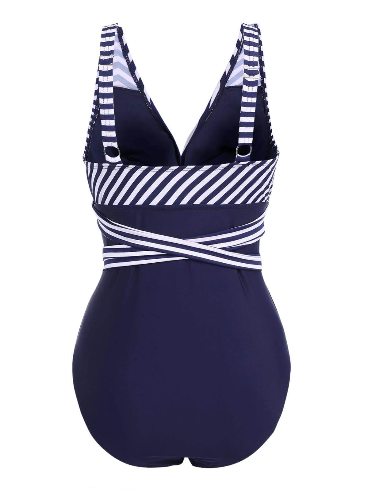 [Plus Size] 1950s Stripe Lace Up Patchwork One-Piece Swimsuit - Image 3