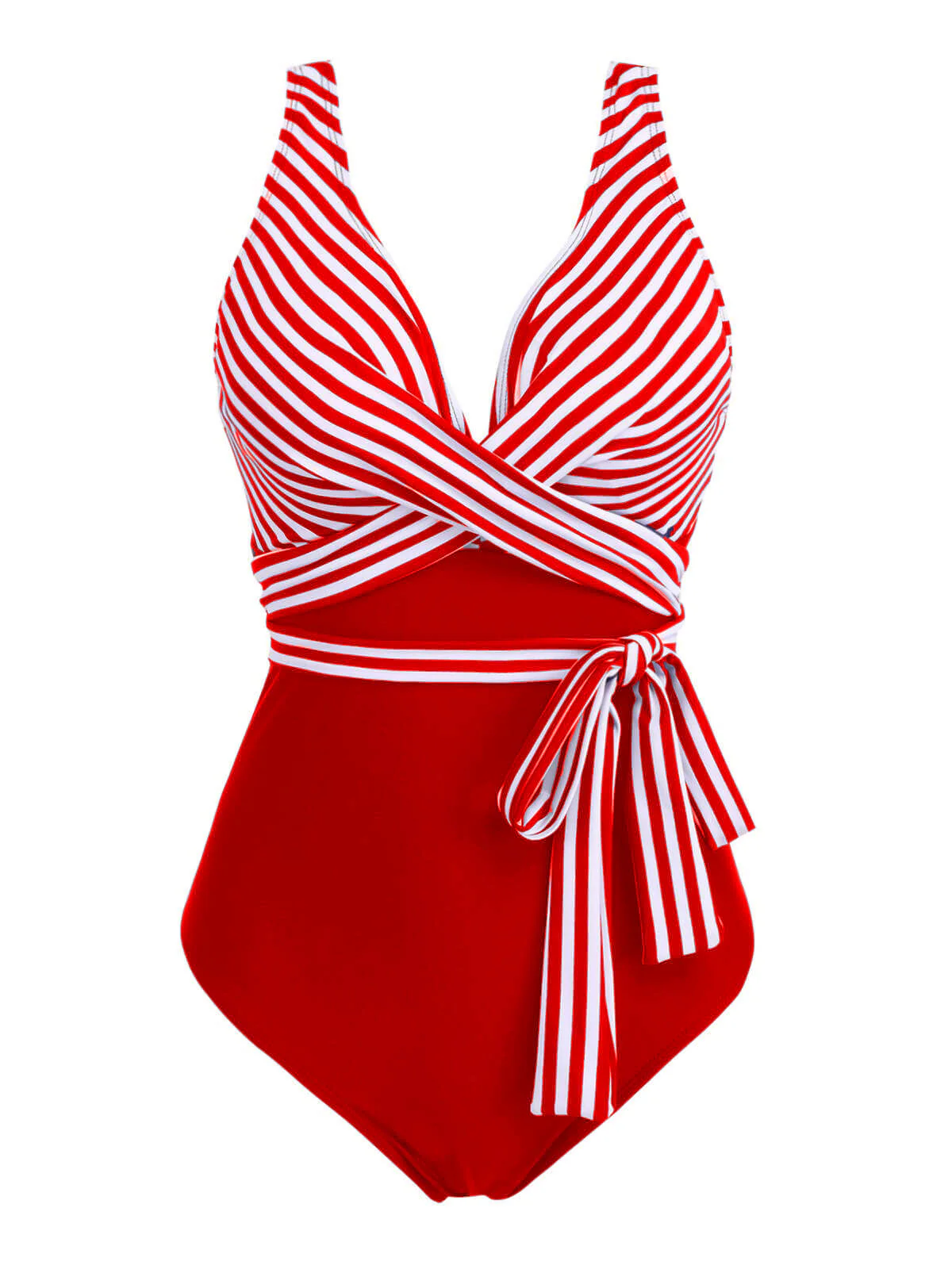 [Plus Size] 1950s Stripe Lace Up Patchwork One-Piece Swimsuit - Image 4