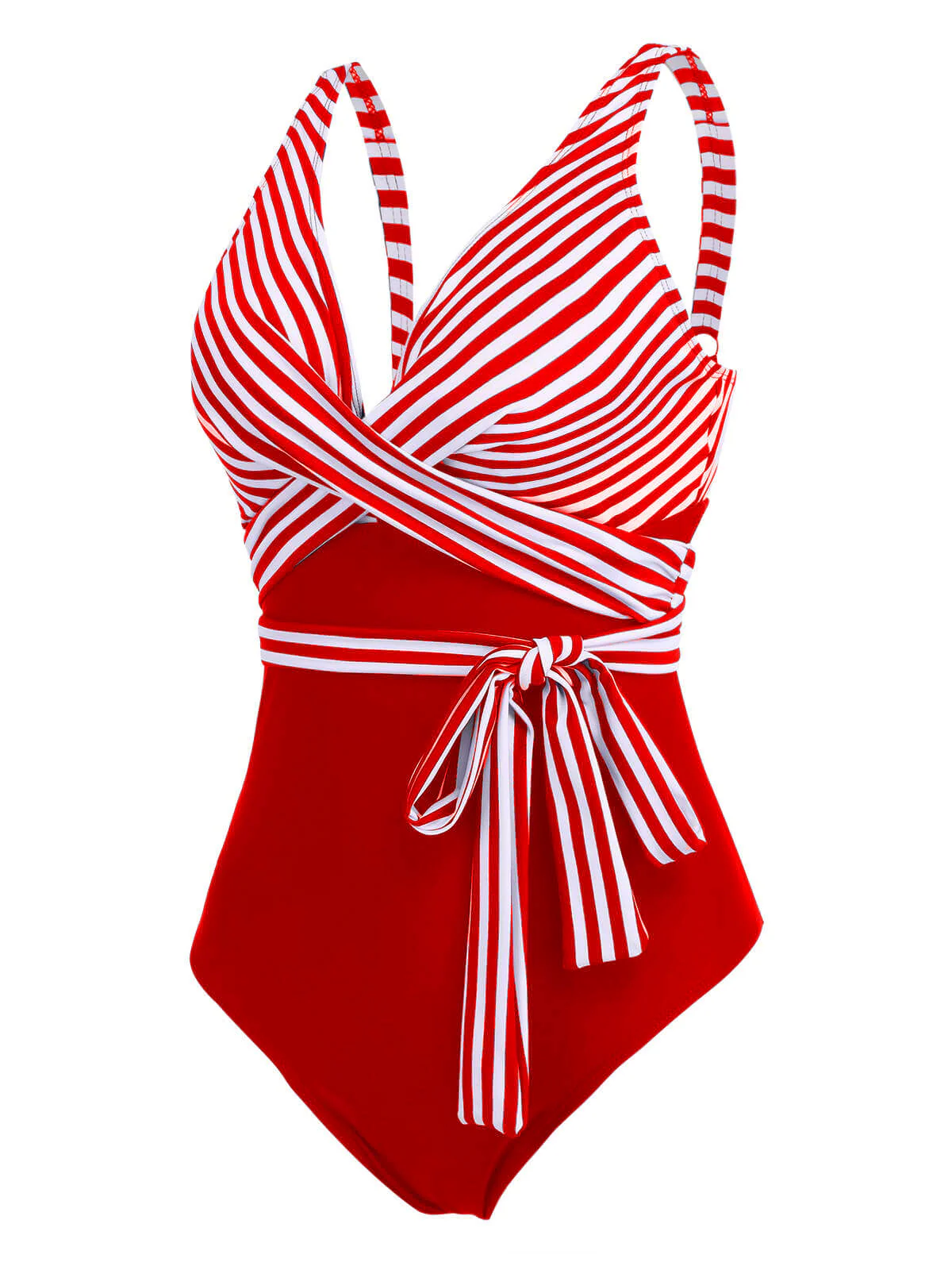 [Plus Size] 1950s Stripe Lace Up Patchwork One-Piece Swimsuit - Image 5