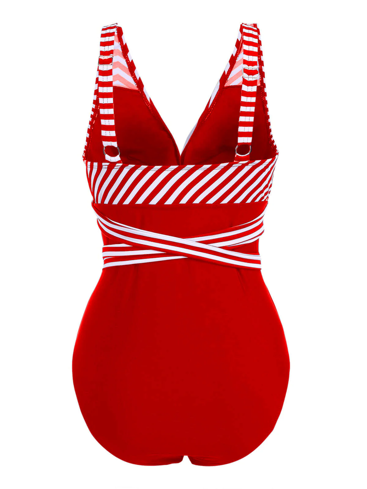 [Plus Size] 1950s Stripe Lace Up Patchwork One-Piece Swimsuit - Image 6