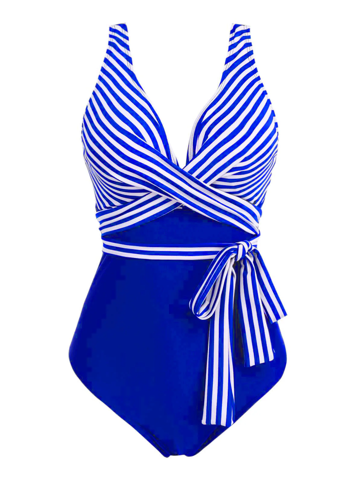 [Plus Size] 1950s Stripe Lace Up Patchwork One-Piece Swimsuit - Image 7