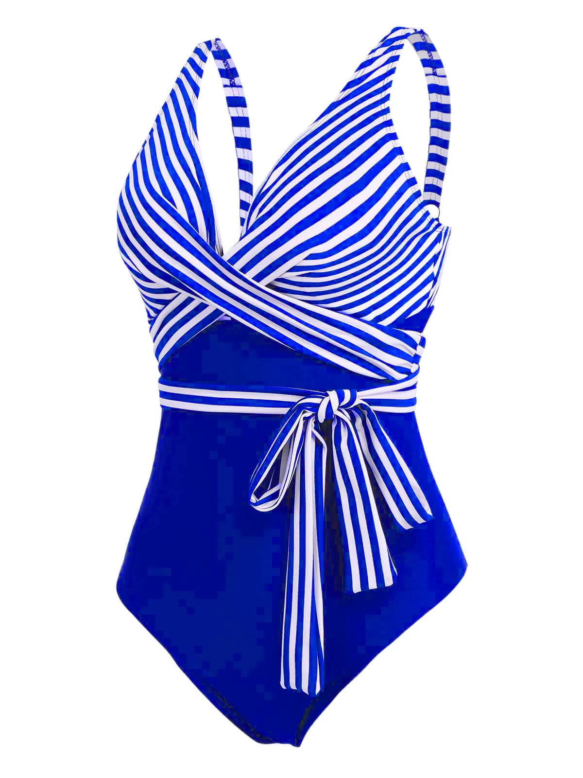 [Plus Size] 1950s Stripe Lace Up Patchwork One-Piece Swimsuit - Image 8