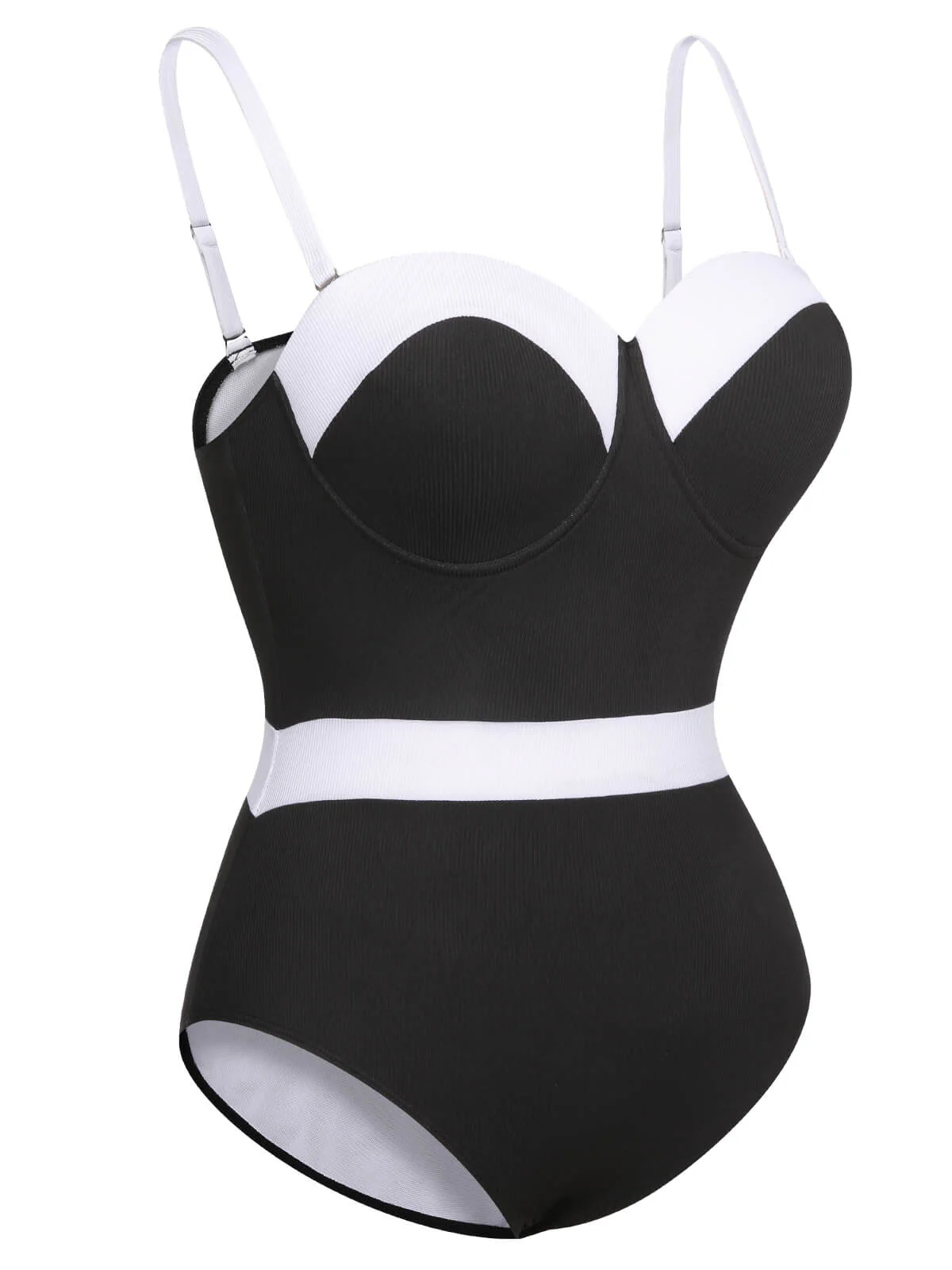 [Plus Size] Black & White 1950s Patchwork Strap Swimsuit - Image 3
