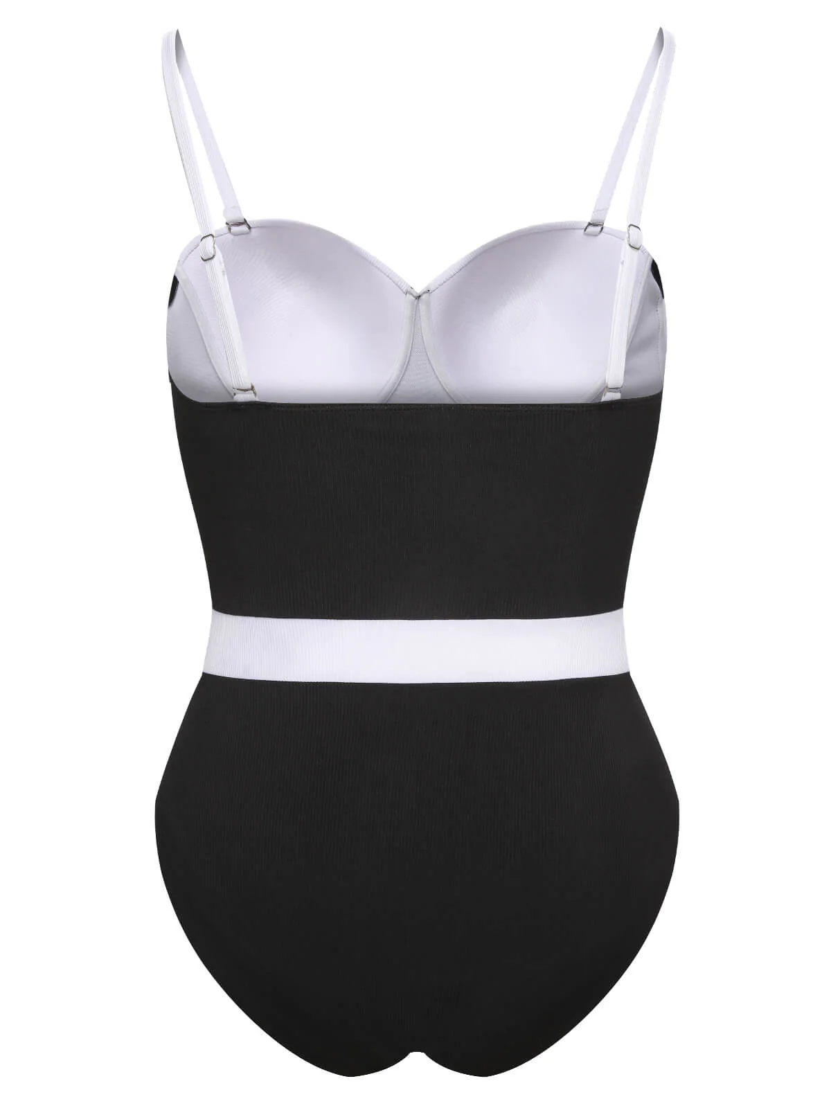 [Plus Size] Black & White 1950s Patchwork Strap Swimsuit - Image 4