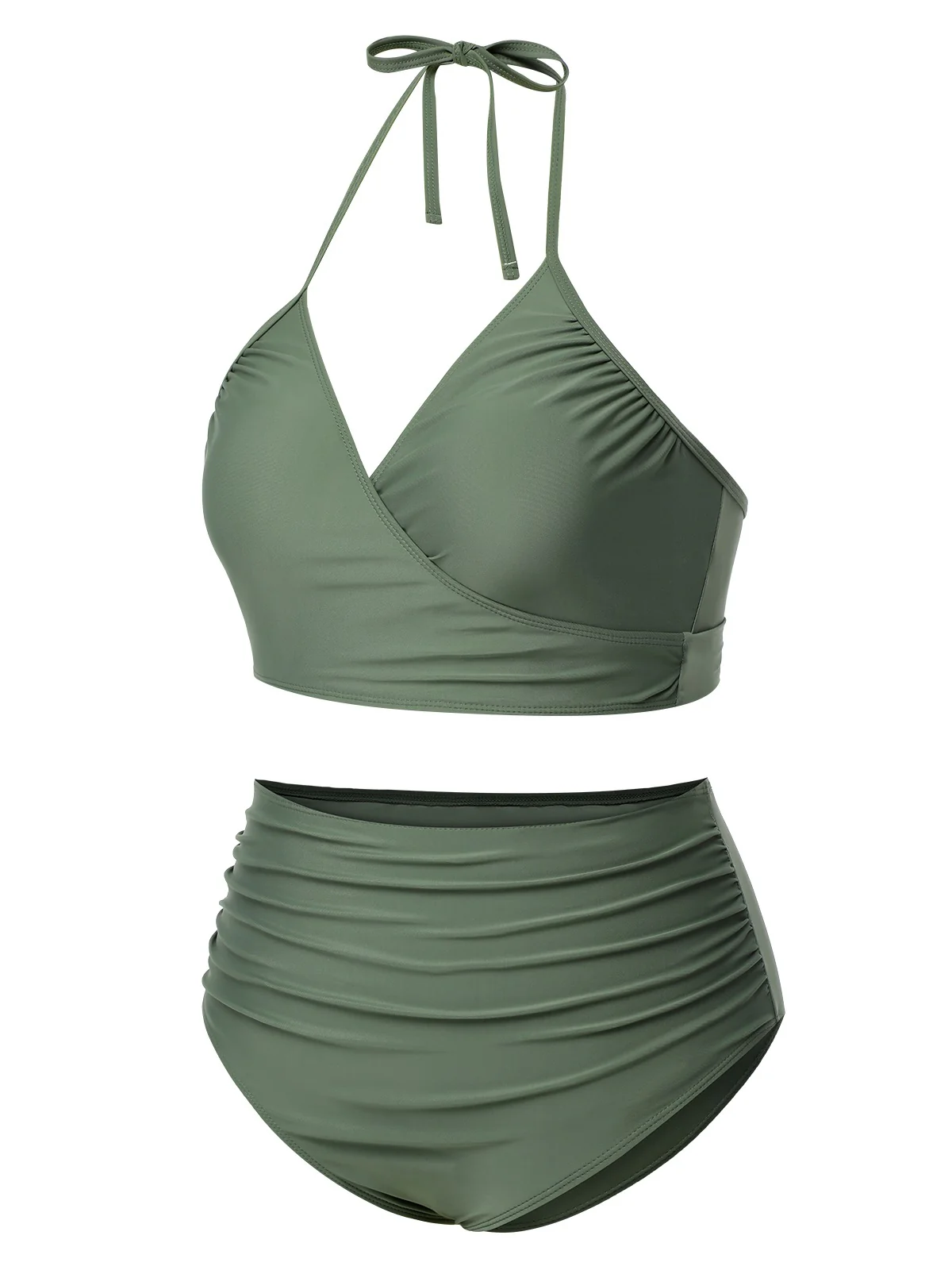 [Plus Size] Green Grey 1930s Halter Strappy Tankini Swimsuit - Image 3