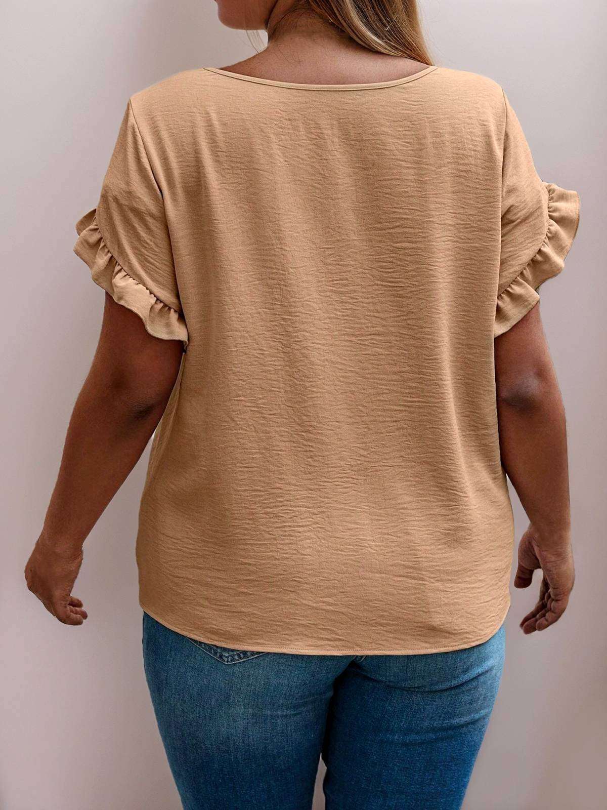 [Plus Size] Khaki 1950s Solid Ruffled Sleeve Round Neck Top - Image 3