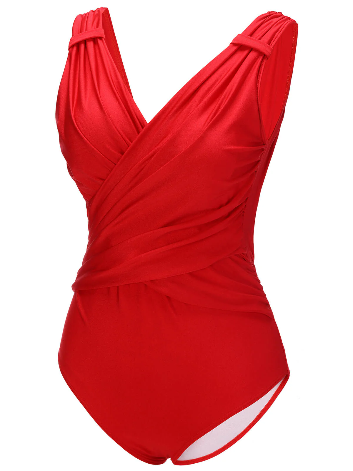 Red 1940s V-Neck Solid One-piece Swimsuit - Image 3