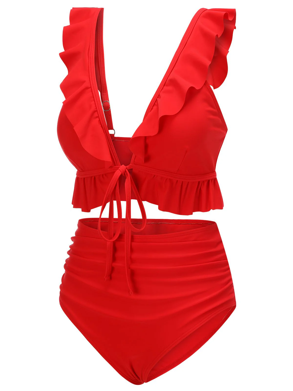 Red 1950s Solid Ruffled V-neck Straps Swimsuit - Image 3