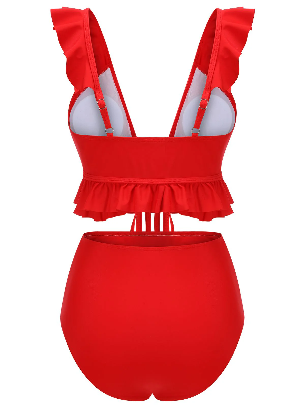 Red 1950s Solid Ruffled V-neck Straps Swimsuit - Image 4