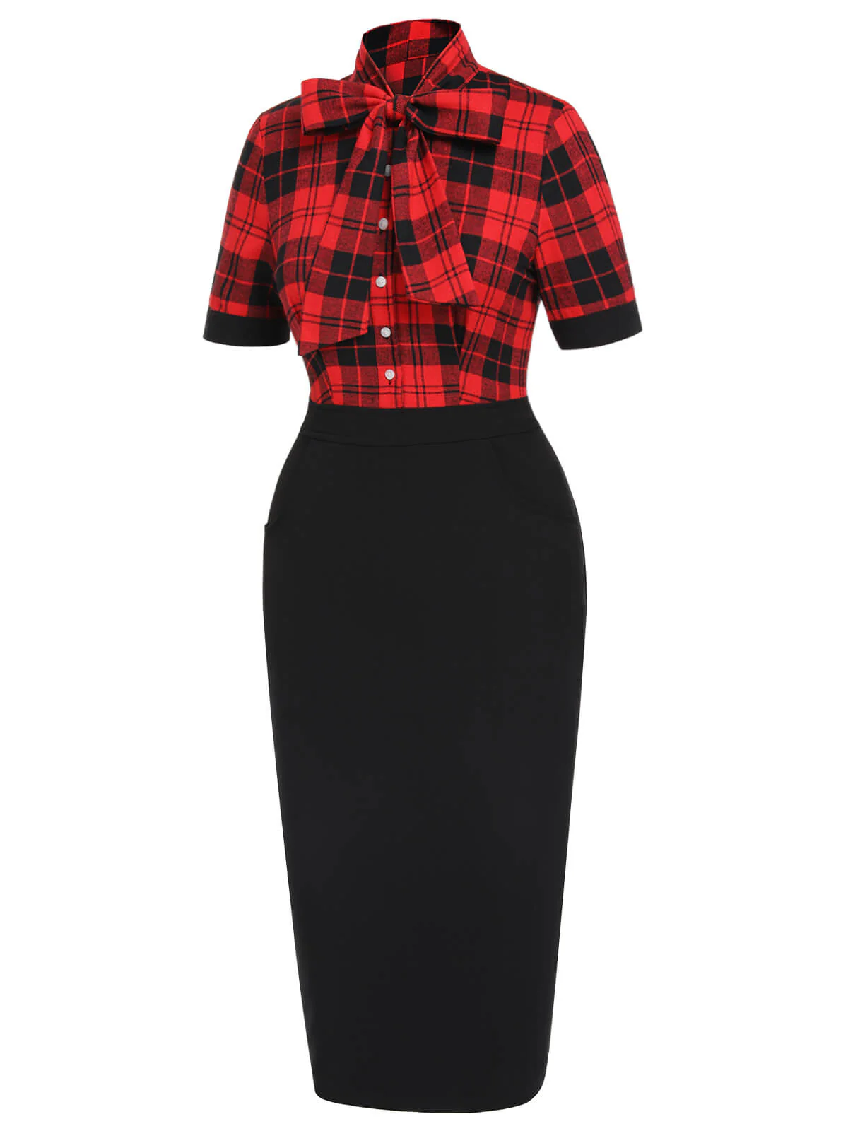 Red & Black 1960s Plaid Bow Collar Pencil Dress - Image 3