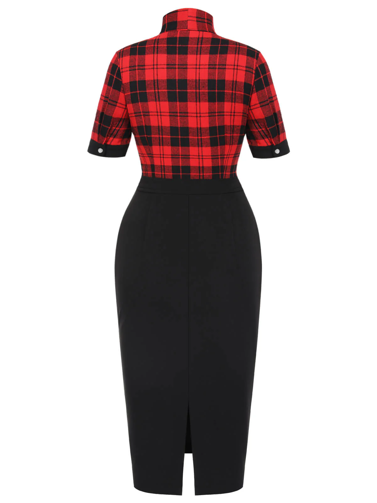 Red & Black 1960s Plaid Bow Collar Pencil Dress - Image 4