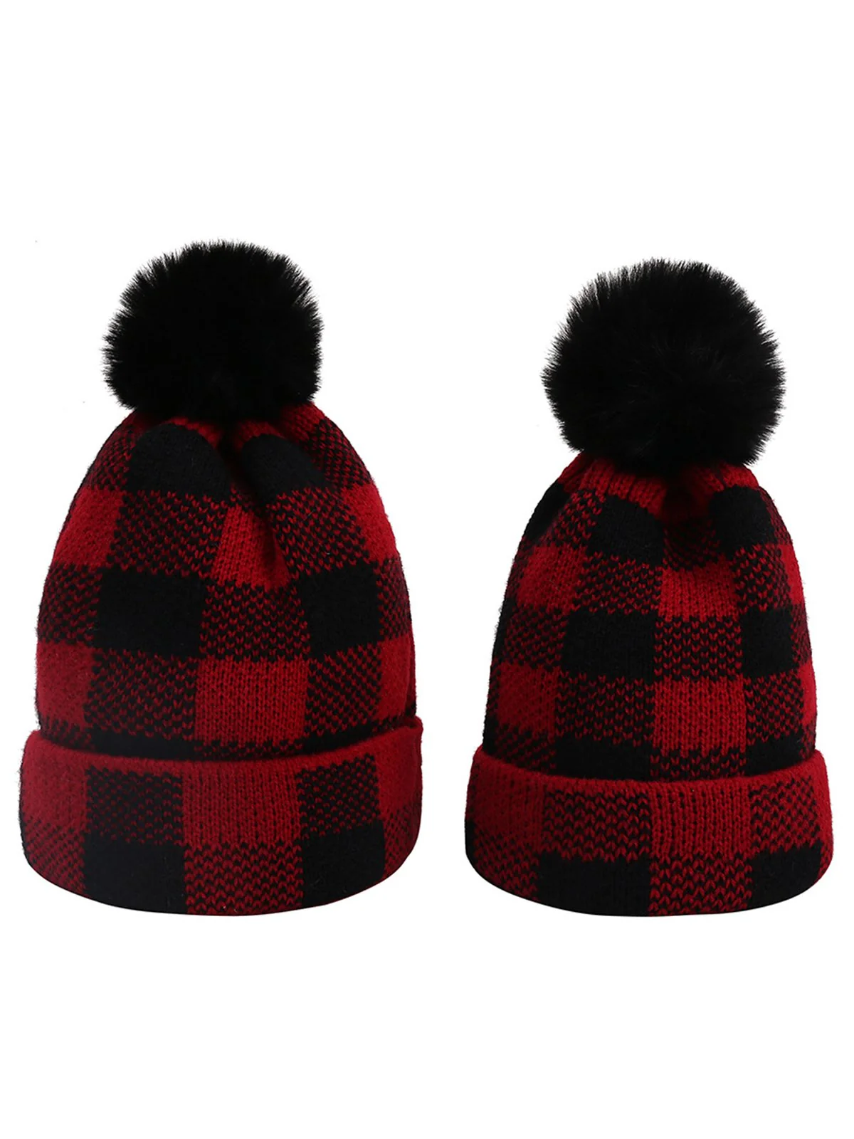 Red & Black Plaid Hairball Knitted Child Hat - Image 3