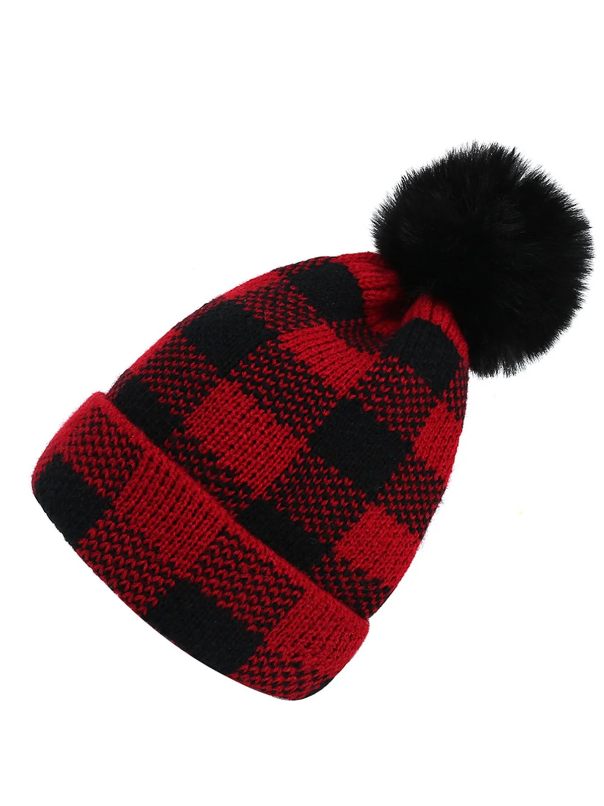Red & Black Plaid Hairball Knitted Child Hat - Image 8