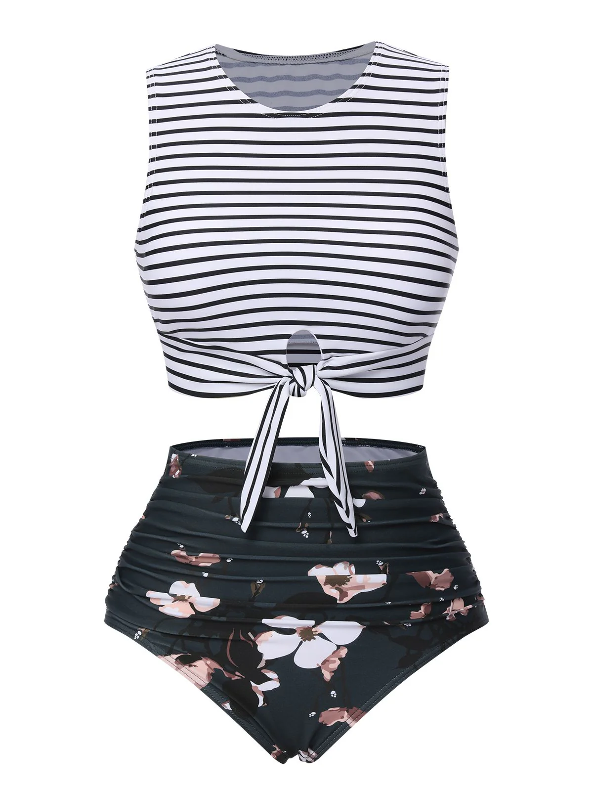 Red & Blue 1970s Striped Waist Tie Patchwork Swimsuit - Image 10