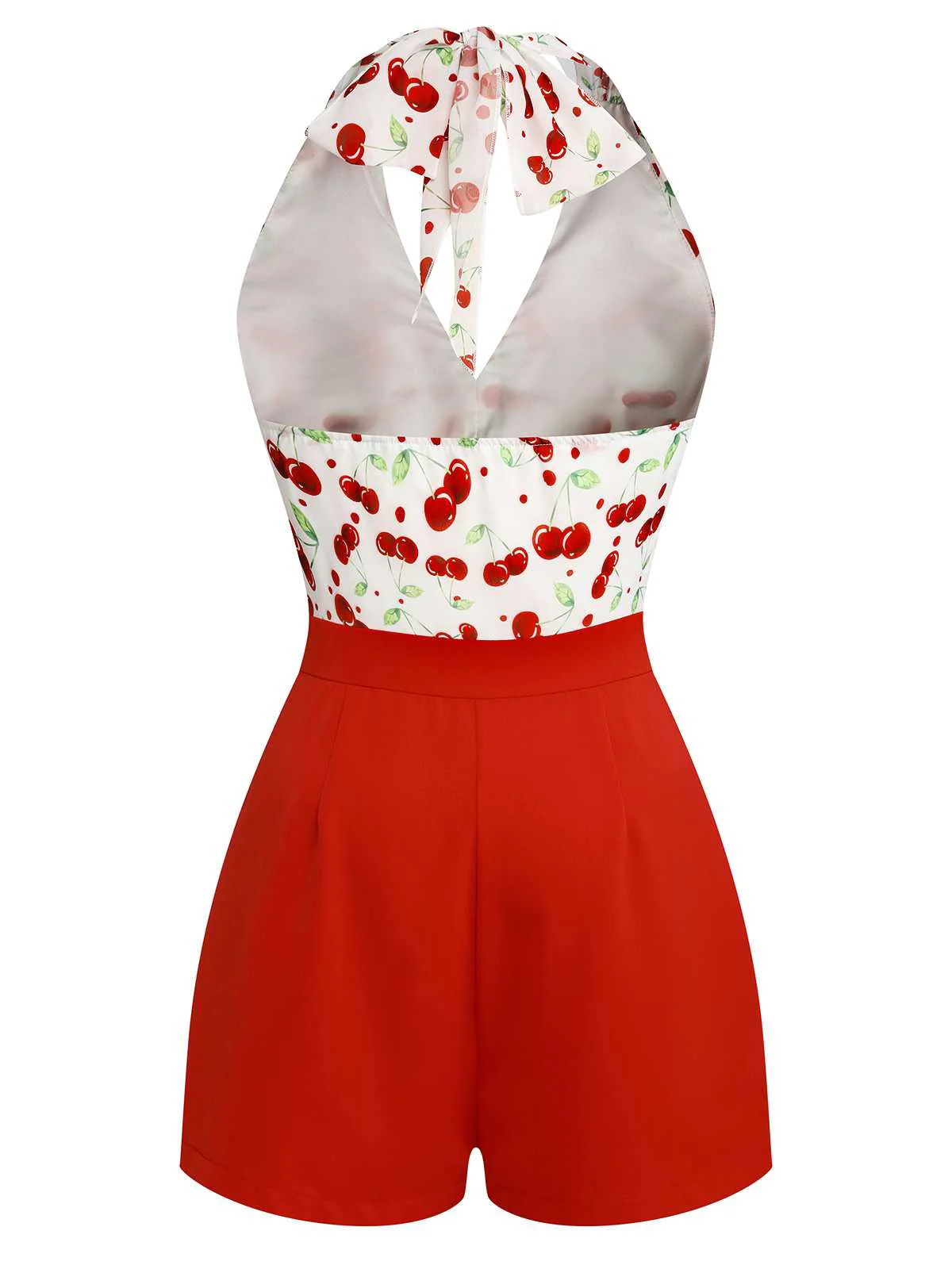 Red 1950s Cherry V-Neck Halter Lace-Up Romper - Image 4