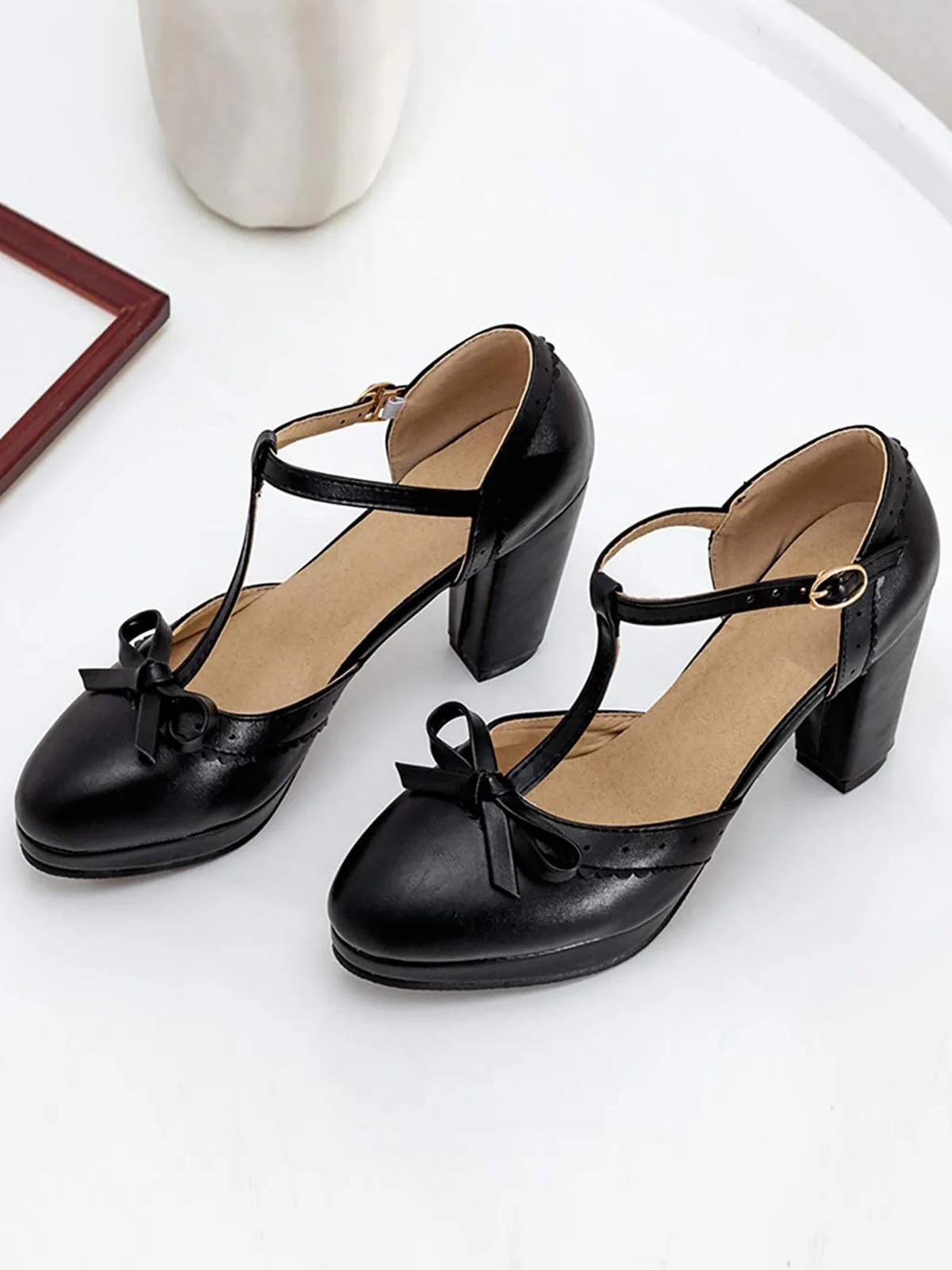 Retro Bow T-Strap High Heels Shoes - Image 10