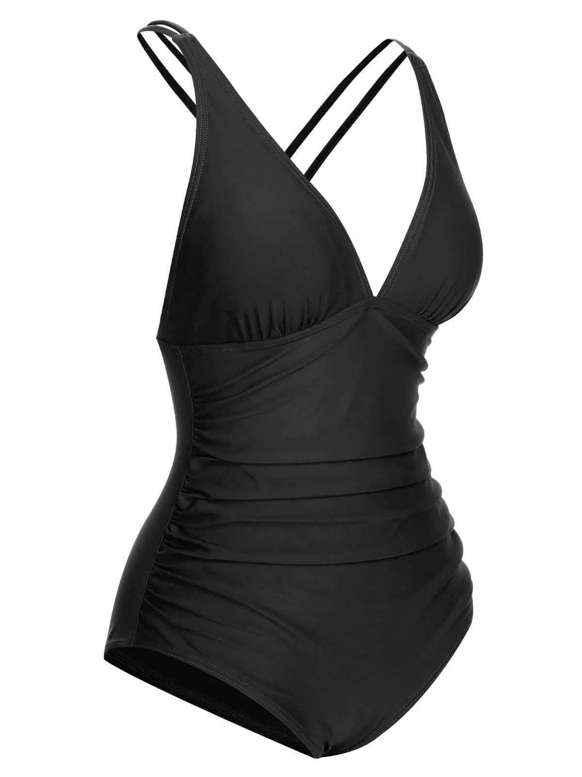 1950s Solid V-Neck One-Piece Swimsuit - Image 3