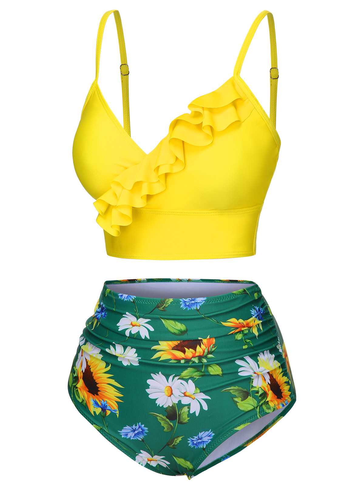 2PCS Yellow 1950s Sunflower Ruffles V-Neck Swimsuit - Image 3
