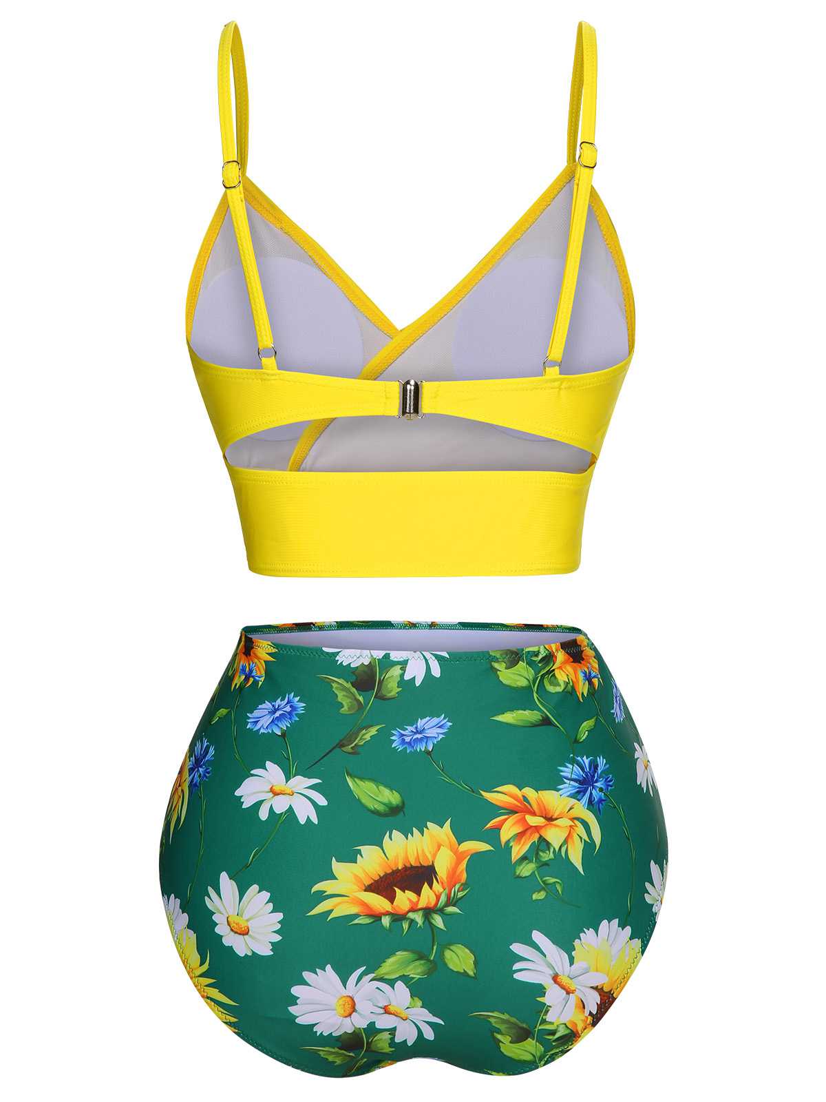 2PCS Yellow 1950s Sunflower Ruffles V-Neck Swimsuit - Image 4