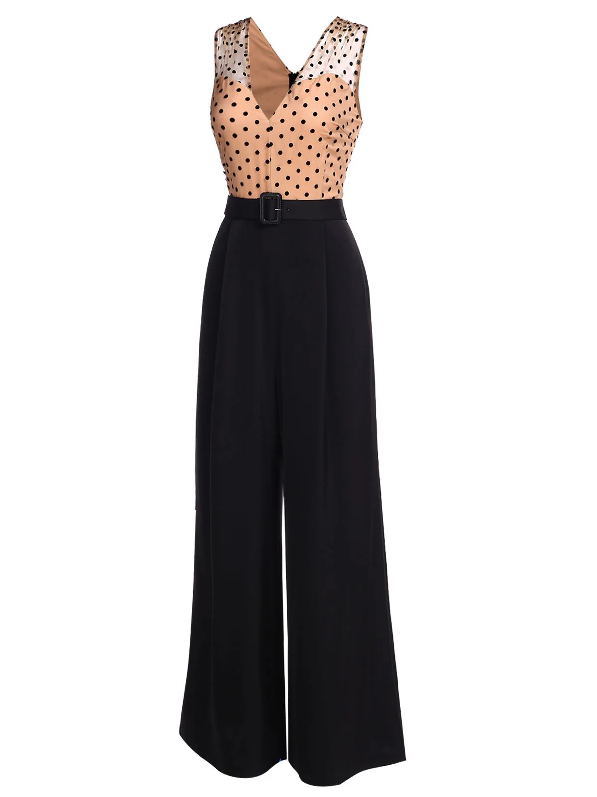 Black 1930s Polka Dot Patchwork Belt Jumpsuit - Image 3