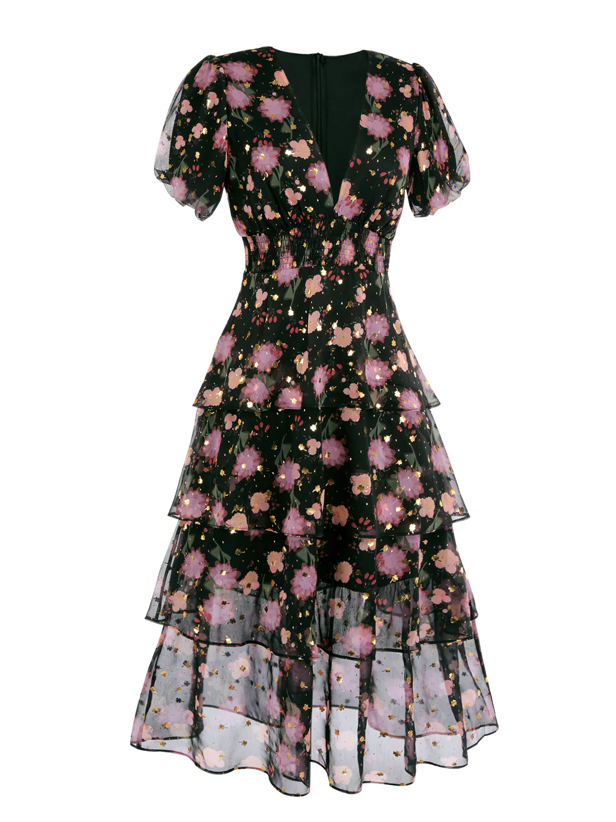 Black 1950s Lace Flowers Swing Dress - Image 5