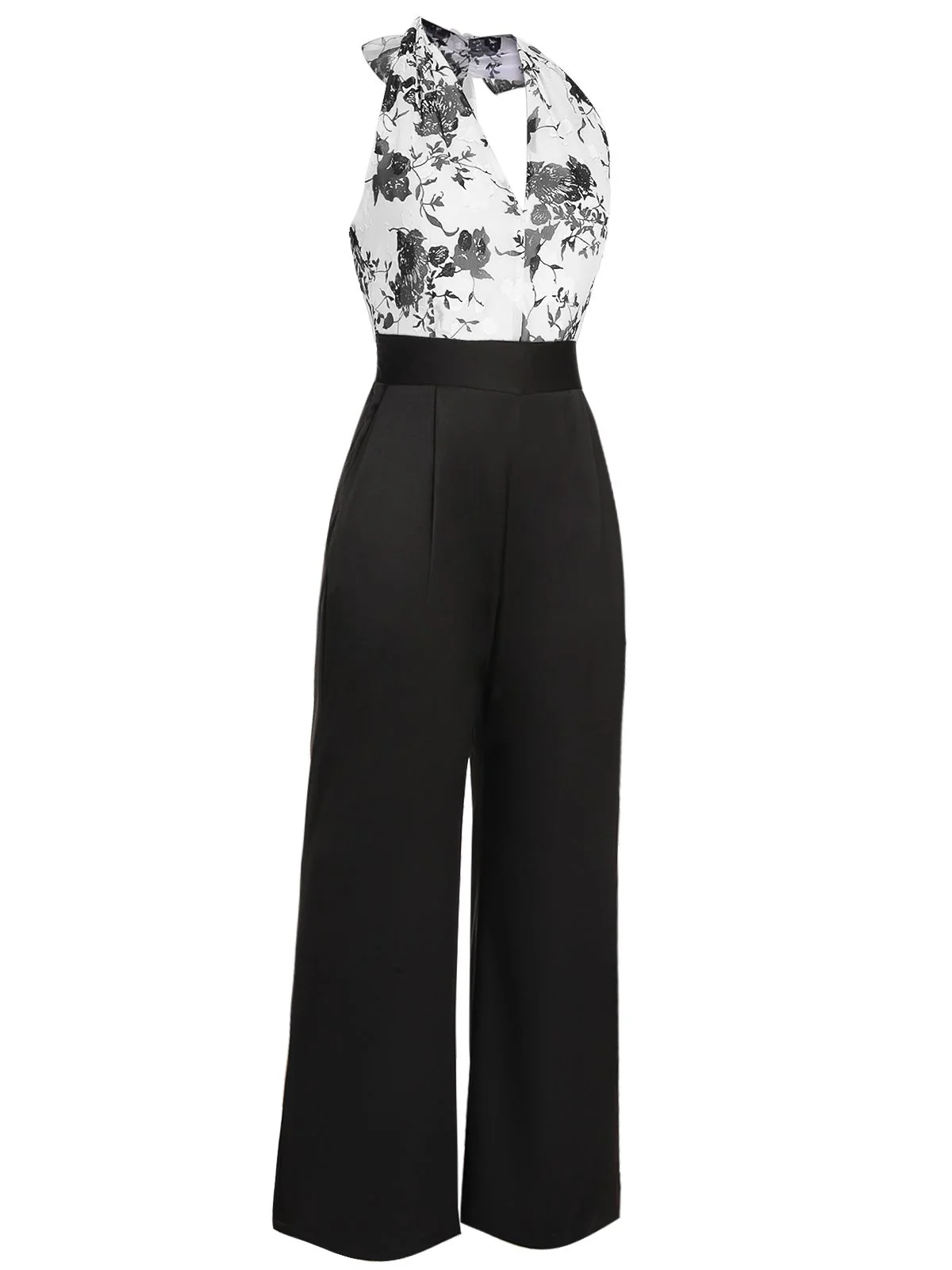 Black White 1930s Floral Halter Strap Jumpsuit - Image 4