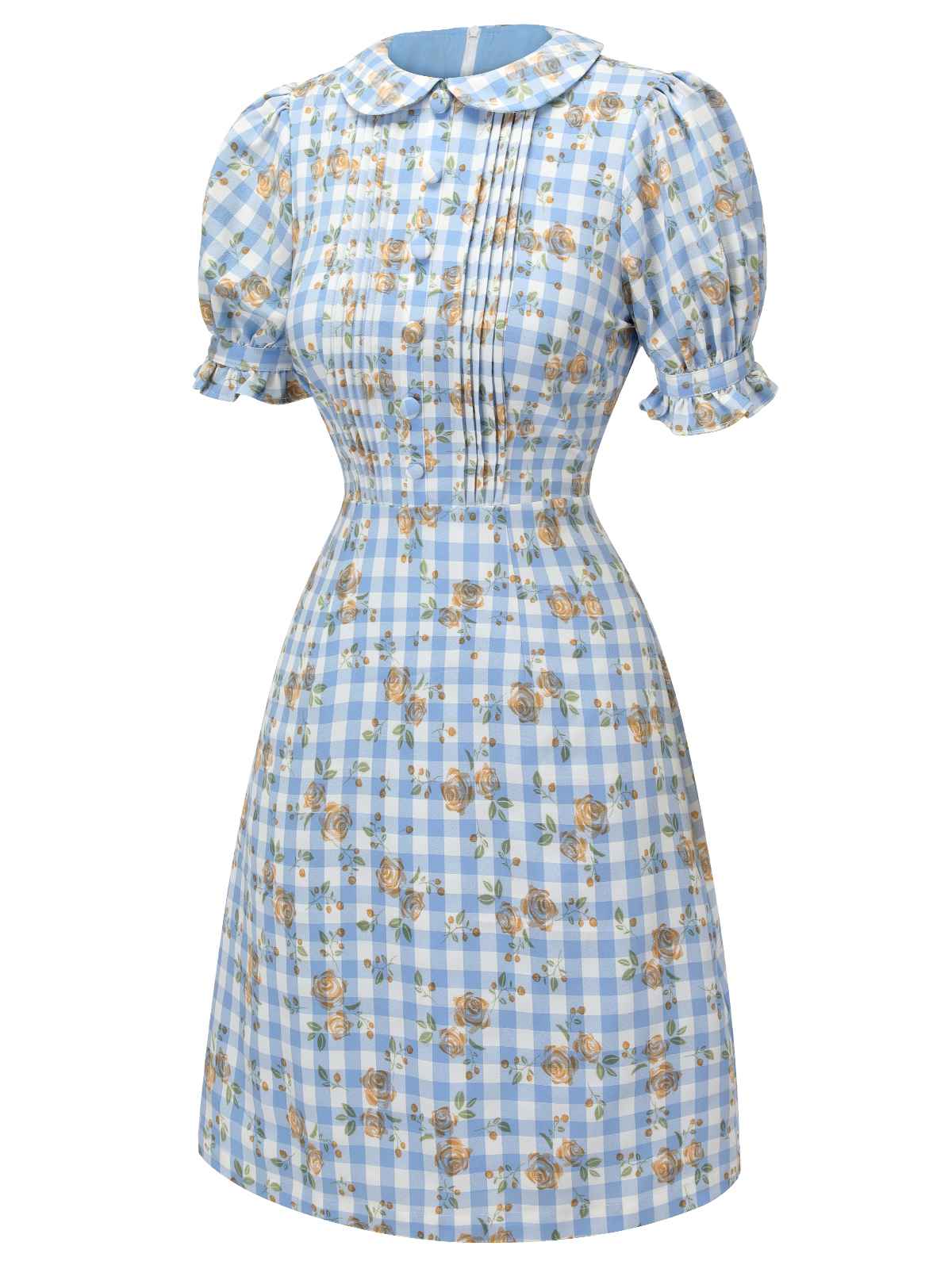 Blue 1960s Puff Sleeve Floral Plaid Dress - Image 3